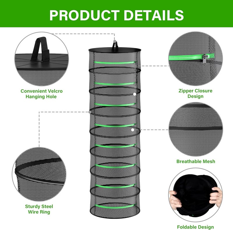 I-Power Herb Drying Rack 2-Pack 8-Layer 2ft Foldable Hanging Mesh Net Dryer with Zippers, Heavy Duty Ring, Free Storage Bag and Hook, for Hydroponics Plants Herbs Petals - Image 4